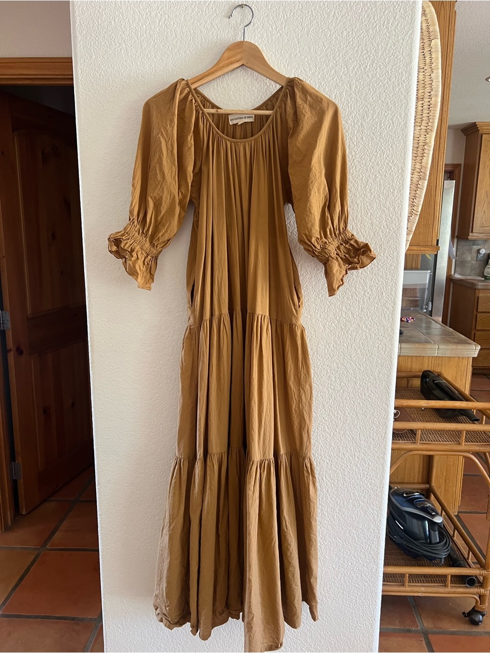 Daughters of India Caramel Tiered Maxi Dress with Puff Sleeves